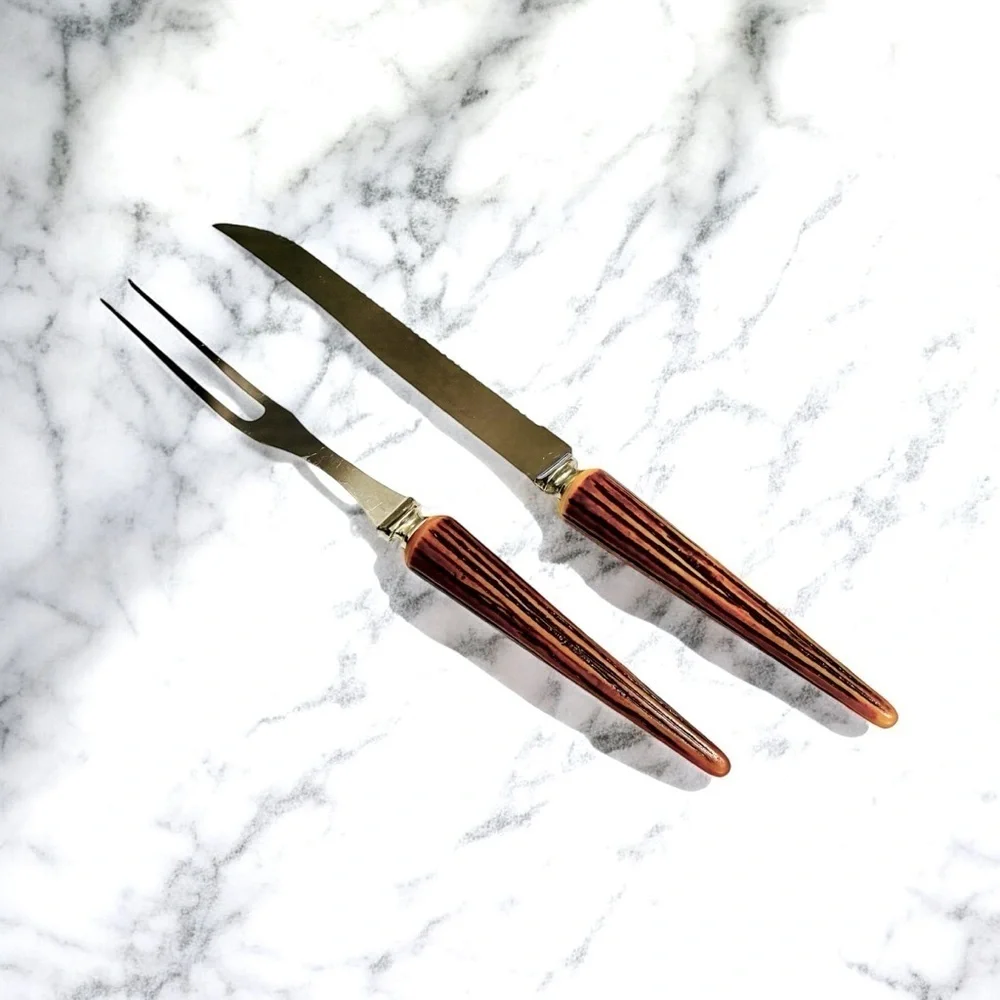 Vtg Carving 70s Fork Knife Set Faux Wood Textured Handle Stainless Steel USA